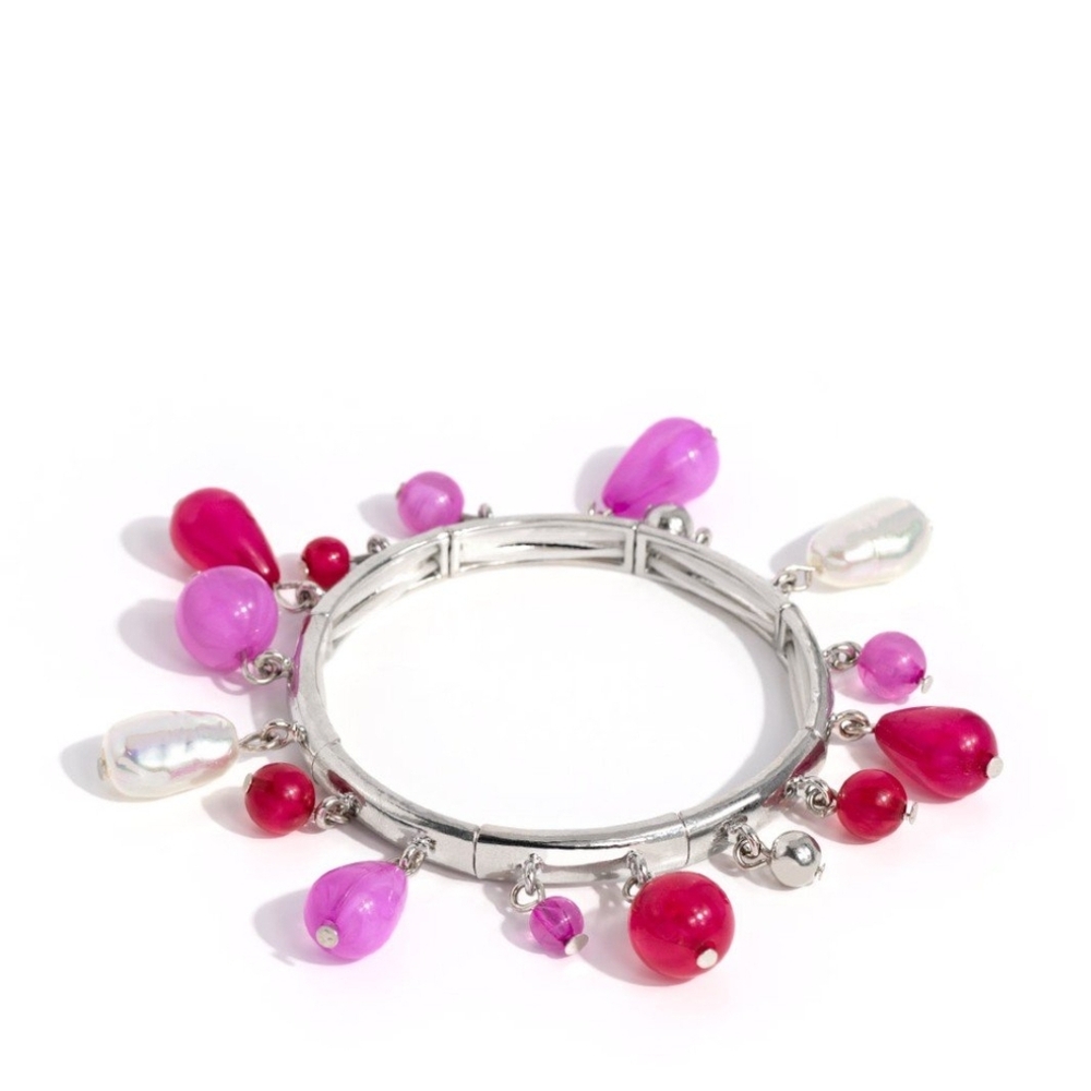 Silver and Pink Charm Bracelet Lush Landscaping Stretchy Fashion Jewelry